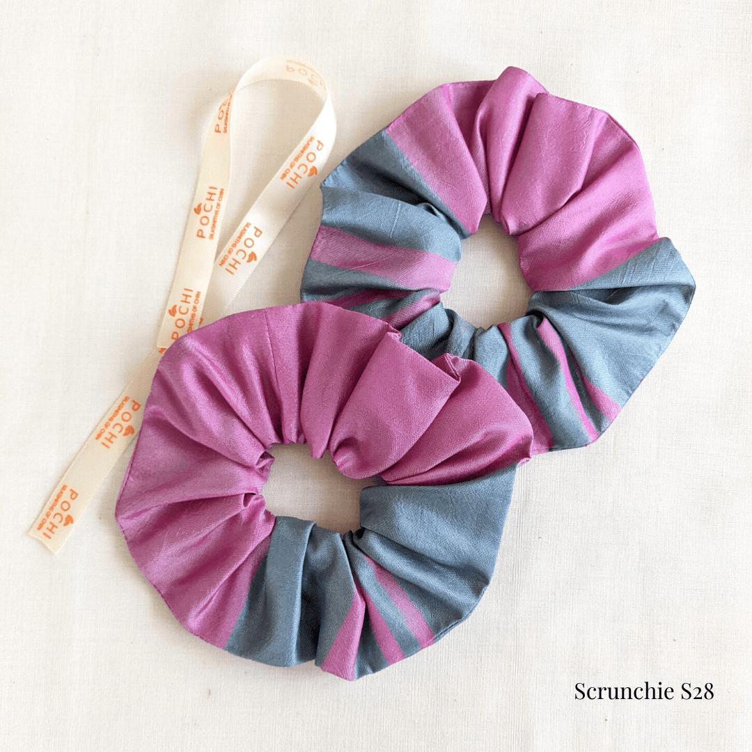 Scrunchie - Pink & Blue-Grey S28 - PochisilkSSSYP3-S28