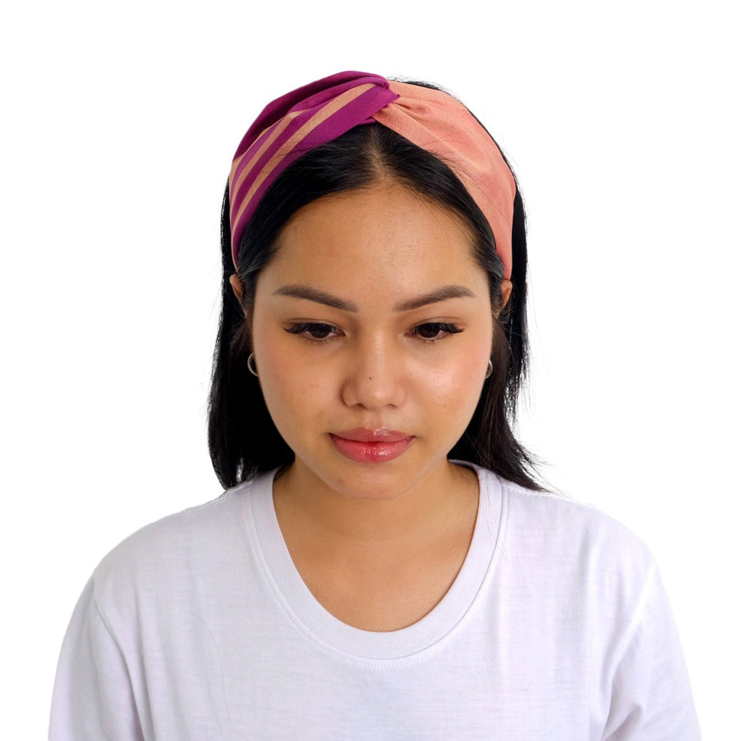 Turban Headband Peach & Dark Pink Stripe H19 - PochisilkSSSYP6-H19